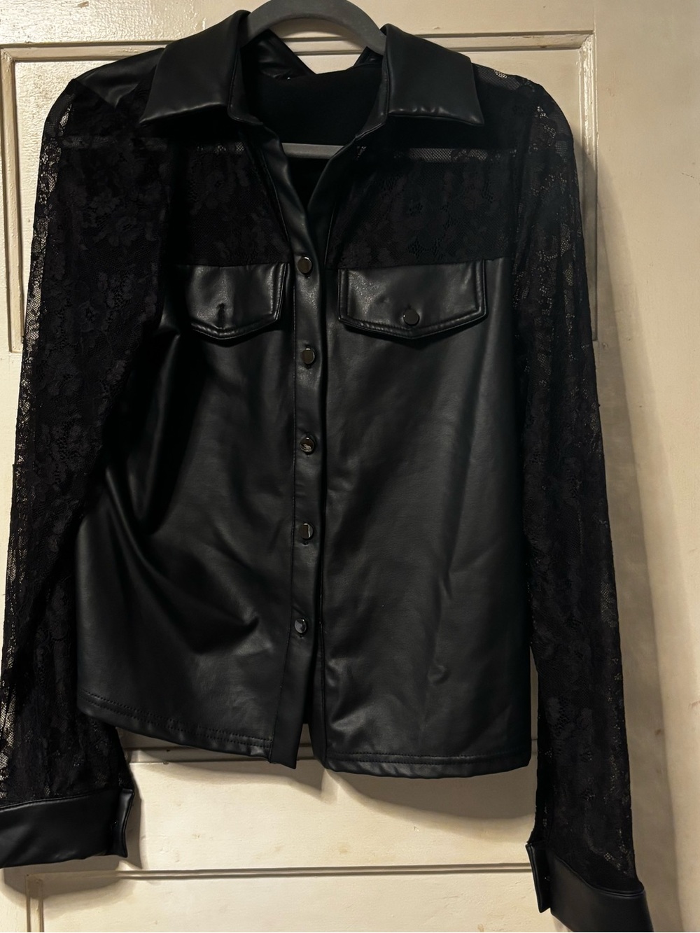 SHEIN Black Faux Leather Shirt with Lace Sleeves